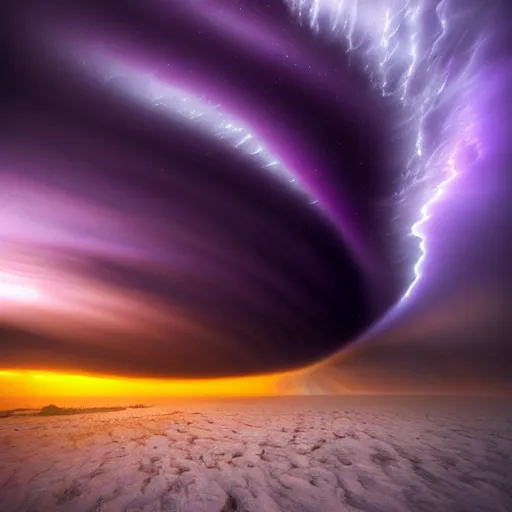 Image similar to amazing photo of a purple tornado in the sky by marc adamus, beautiful dramatic lighting