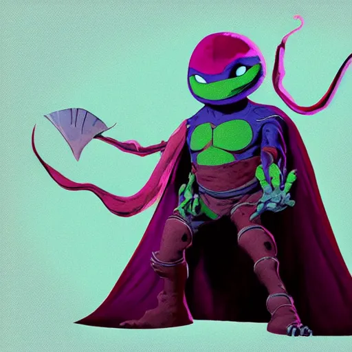 Prompt: concept art character with a vampire squid head and cape that is tall and thin that lives in an ocean setting in the apocalypse created for a new episode of rise of the teenage mutant ninja turtles on nickelodeon comic book dots with chromatic aberration and design influences from fret nice the video game