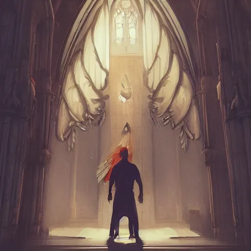 Prompt: angel protecting man who is praying inside a gothic church by Stanley Artgerm Lau, WLOP, Rossdraws, James Jean, Andrei Riabovitchev, Marc Simonetti, Yoshitaka Amano, ArtStation, CGSociety