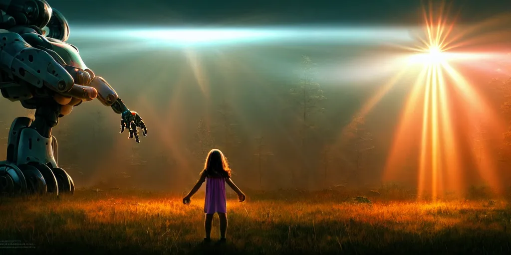 Image similar to sci - fi scene future new york, little girl holding the hand of a giant robot, forest punk, crepuscular rays, epic scene, hyper realistic, photo realistic, 8 k resolution, overgrowth, cinematic atmosphere, ethereal lighting,