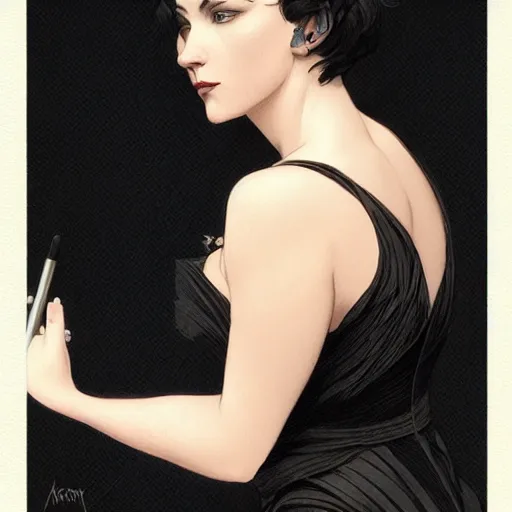 Image similar to Woman with black short hair, wearing black dress smoking, intricate, elegant highly detailed, digital painting, artstation, concept art, smooth, sharp focus, illustration, art by artgerm and greg rutkowski and alphonse mucha