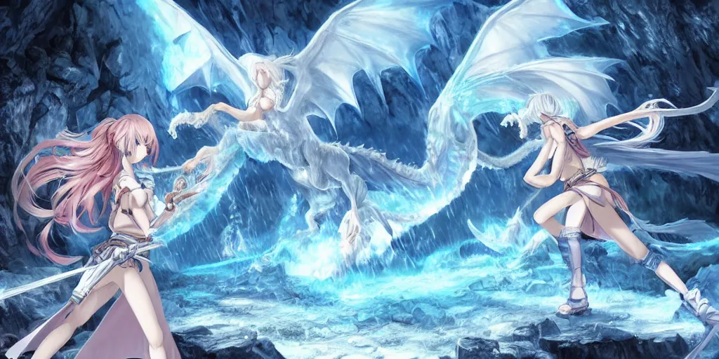 Prompt: fight scene of a beautiful anime girl fighting an ice dragon inside a cave with sword, fantasy, Digital 2D, highly detailed, sharp focus, smooth, cinematic, a close shot, art by Murata