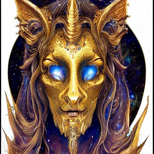 Prompt: a wlop 3 d render of very very very very highly detailed beautiful mystic portrait of a phantom undead golden unicorn with whirling galaxy around, tattoos by anton pieck, intricate, extremely detailed, digital painting, artstation, concept art, smooth, sharp focus, illustration, intimidating lighting, incredible art,