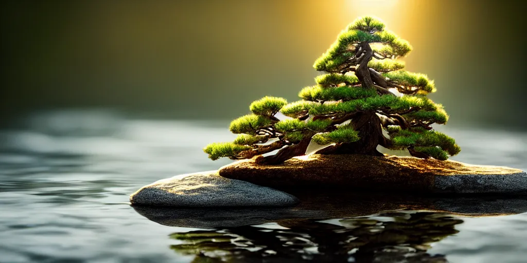 Prompt: photo bonsai fir on a small rock with shades of edges in the water, gold hour, soft lighting, medium shot, volumetric lighting, beautiful, ultra detailed, cgsociety by leesha hannigan, thierry doizon, kai carpenter, ignacio fernandez rios, 3 5 mm, fujifilm