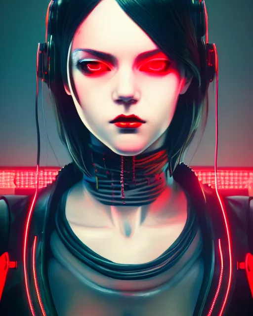 Image similar to a detailed potrait of a cyberpunk cyborg girl with black and red parts, perfect face, realistic shaded perfect face, detailed. night setting. very anime style. realistic shaded lighting poster by ilya kuvshinov katsuhiro, unreal engine, global illumination, radiant light, detailed and intricate environment