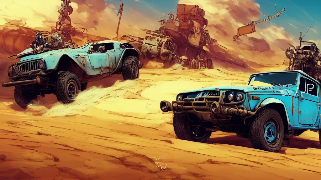 Prompt: digital illustration of mad max's fj 4 0 pursuit special riding fury road eternal shiny and chrome, the last v 8 interceptor driving down to the gates of valhalla highway in the middle of the day, anime style, year 2 0 9 3, by makoto shinkai, ilya kuvshinov, lois van baarle, rossdraws, basquiat