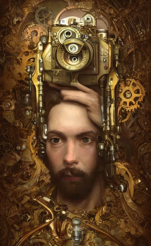 Image similar to hyper realistic male photographer looking through a vintage steampunk medium format camera, design on white background, beautiful details, lush foliage cyberpunk, gold, drawn by john singer sargent, tom bagshaw, norman rockwell, alphonso mucha, lolish, trending on artstation