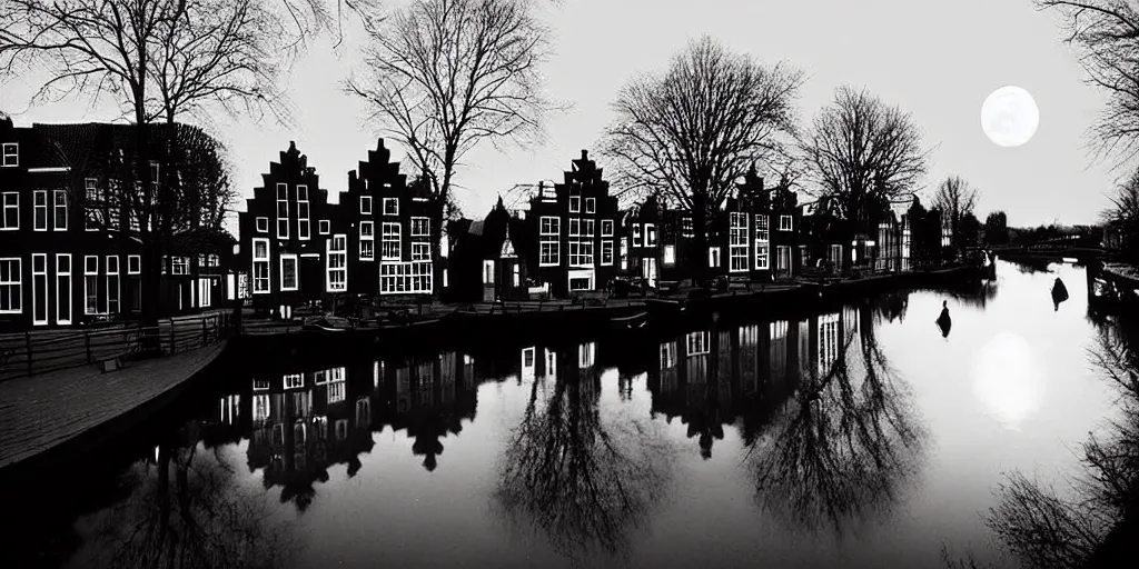 Prompt: Dutch houses along a river, silhouette!!!, Circular white full moon, black sky with stars, lit windows, stars in the sky, b&w!, Reflections on the river, a man is punting, flat!!, Front profile!!!!, high contrast, HDR, soft, street lanterns, 1904, Style of Frank Weston, illustration