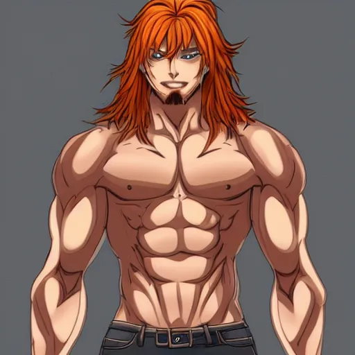 Image similar to well built man, rusty colored long hair, anime, high details,