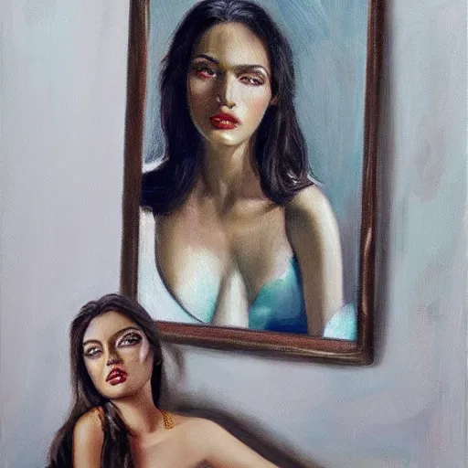 Image similar to fashion model in mirror, hyperrealism oil painting portrait