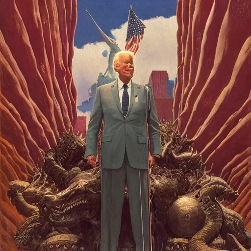 Prompt: immense, majestic, surreal, terrifying joe biden standing triumphant over the national mall, perfectly clear face, by j. c. leyendecker and beksinski