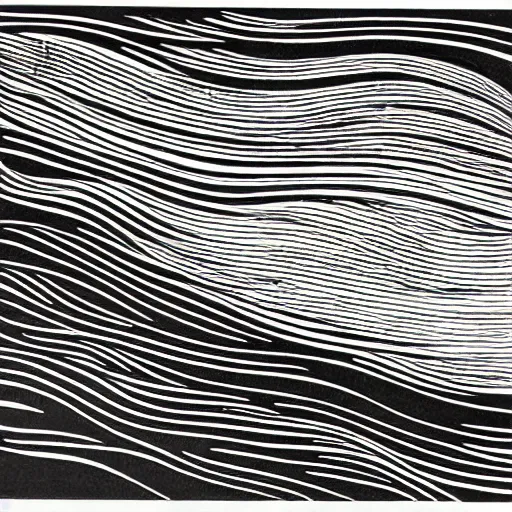 Prompt: line drawing of ocean wave, thin long fine lines, woodblock print