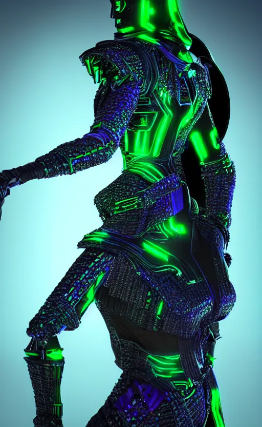 Prompt: dark female cyborg cloak armor made of intricate complex circuitry and iridescent microchips, colorful, crystal, imposing gesture, futuristic warrior, sleek athletic physique, highly detailed body, powerful and magical, royal face, hooded black cape, photorealistic camera shot, green screen background, studio lighting, crisp quality and light reflections, unreal engine 5 quality render