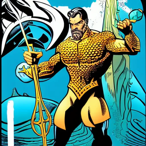 Image similar to vector art aquaman illustrated by Brian Bolland and Alan Moore