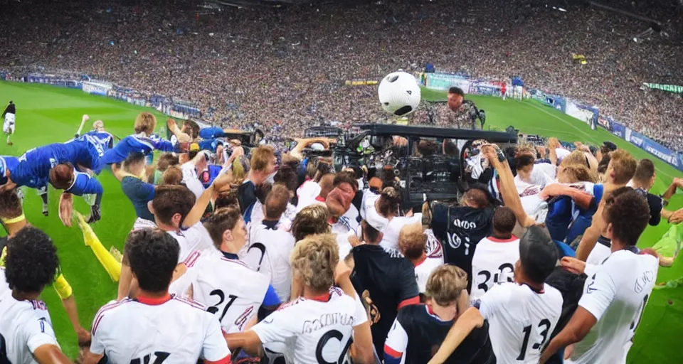 Prompt: television broadcast of professional soccer game, players wearing top hats, wide angle, birds eye, tv