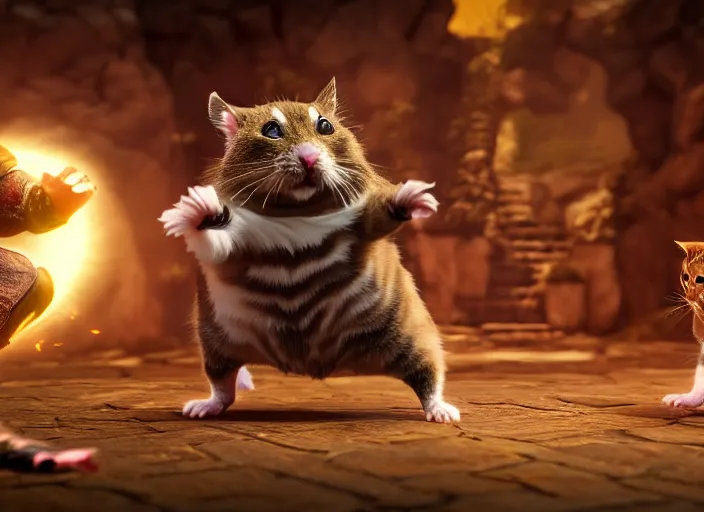 Image similar to hamster fights a cat in mortal kombat on the background of a laughing shao khan. fantasy magic style. highly detailed 8 k. intricate. lifelike. soft light. sony a 7 r iv 5 5 mm. unreal engine with nanite and path tracing