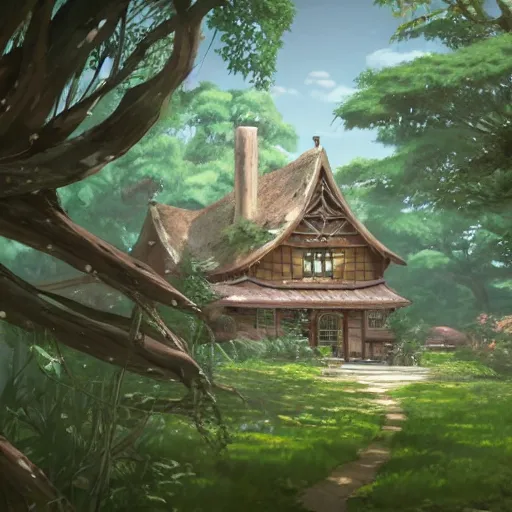 Prompt: beautiful house on a forest path, beautiful ancient trees, hiding large treasure chest, serene evening atmosphere, soft lens, soft light, cel - shading, animation, in the style of cgsociety, deviantart, artstation, zbrush, cinema 4 d, studio ghibli, akihiko yoshida, atelier lulua, masamune shirow, mcbess