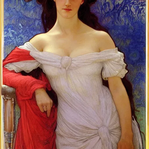 Prompt: portrait en buste of eva green in an edwardian dress by frederic william burton and alphonse mucha, abundantly detailed, perfectly detailed eyes