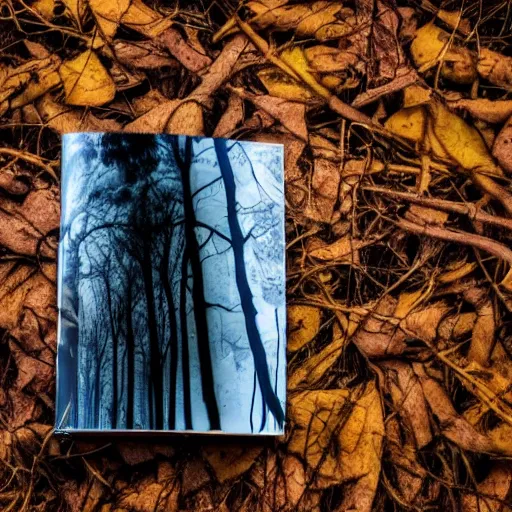 Image similar to book on the ground of the woods, horror, scary, dramatic lighting, shadows, monster