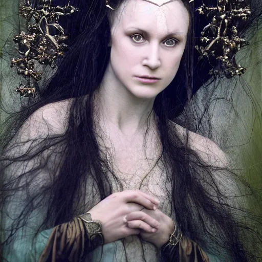 Prompt: a realistic portrait closeup 5 0 mm studio photograph by annie leibowitz of morgan le fay, a beautiful, powerful and ambiguous enchantress of legend.