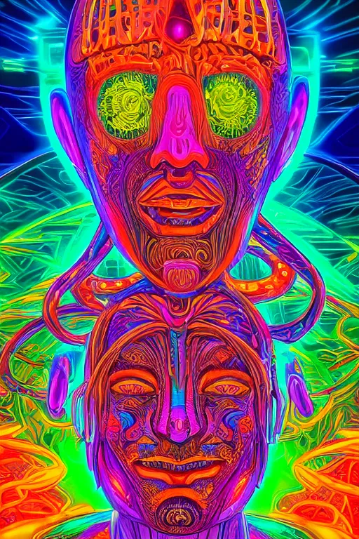 Image similar to a detailed digital neon illustration of the burningman effigy in the style of Alex Grey, lisa frank, beeple, dan mumford. maya render, trending on artstation, greg rutkowski very coherent symmetrical artwork, psychedelic, fantasy, 8k, 3d render, intricate, symmetry, cinematic, hyper realism, high detail, 8k, iridescent accents