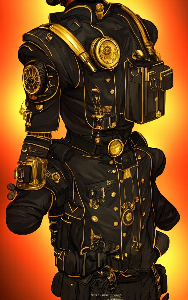 Image similar to full view portrait character concept artstation military - uniform - suit with gold electronics and neon steampunk, hyperdetailed digital art illustration