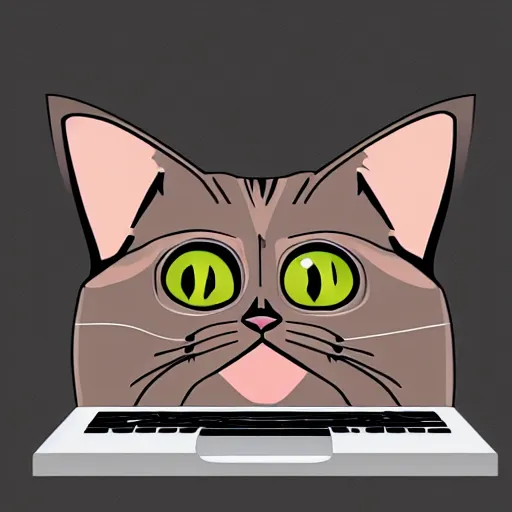 Prompt: vector illustration of a grumpy looking cat sitting on the keyboard of a laptop looking at me, digital art, cute, illustration, vector