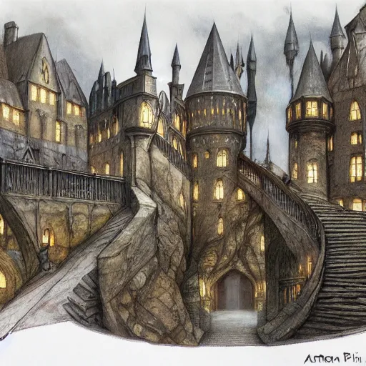 Image similar to hogwarts grand staircase, a detailed matte painting by anton pieck, deviantart contest winner, fantasy art, concept art, official art, matte drawing