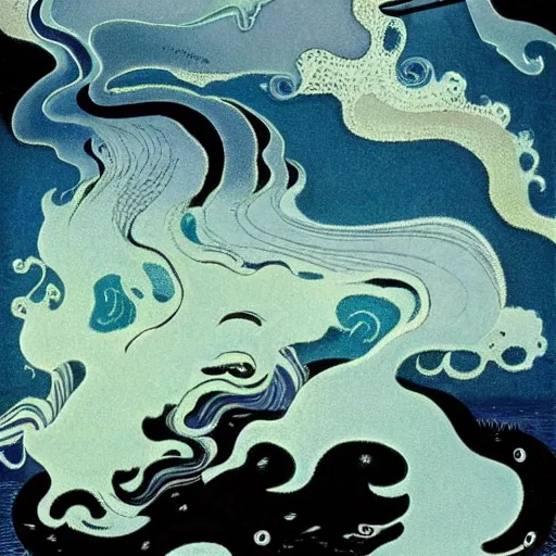 Prompt: the foam of perilous seas, in Faerie lands forlorn, illustration by Kay Nielsen and Eyvind Earle, 4k, aesthetic