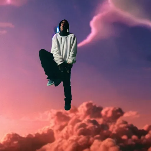 Image similar to Travis Scott sitting on a cloud over Earth, 4k, Aubrey Powell, vintage photo, beautiful cinematography, surreal, film grain