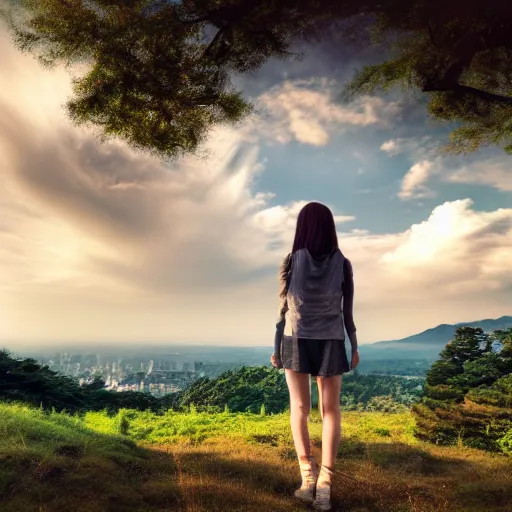 Image similar to a beautiful photograph of a girl with japan landscape in the background with trees, hdr, 8 k, high quality, sharp focus, artstation, highly detailed, award - winning, dramatic lighting, beautiful clouds, and nature