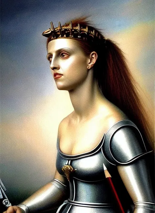 Prompt: elegant Joan d'Arc as the goddess of razor blades. ultra detailed painting at 16K resolution and amazingly epic visuals. epically beautiful image. amazing effect, image looks gorgeously crisp as far as it's visual fidelity goes, absolutely outstanding. vivid clarity. ultra. iridescent. mind-breaking. mega-beautiful pencil shadowing. beautiful face. Ultra High Definition. godly shading. amazingly crisp sharpness. photorealistic 3D rendering on film cel processed twice..