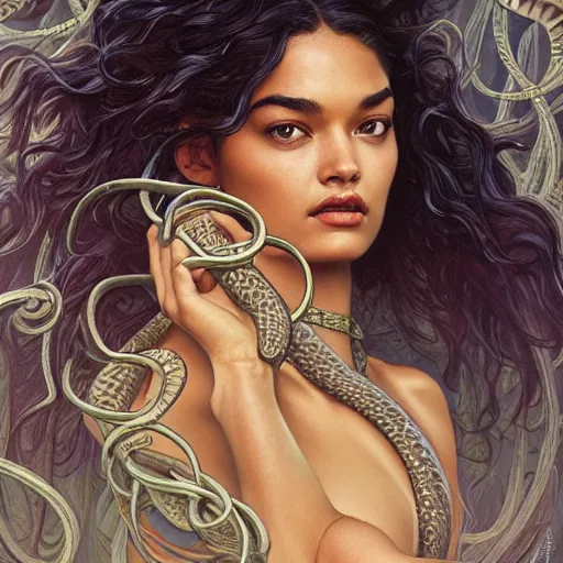 Image similar to Shanina Shaik as Medusa, screaming, snakes for hair, intricate, elegant, highly detailed, digital painting, artstation, concept art, smooth, sharp focus, illustration, art by artgerm and greg rutkowski and alphonse mucha