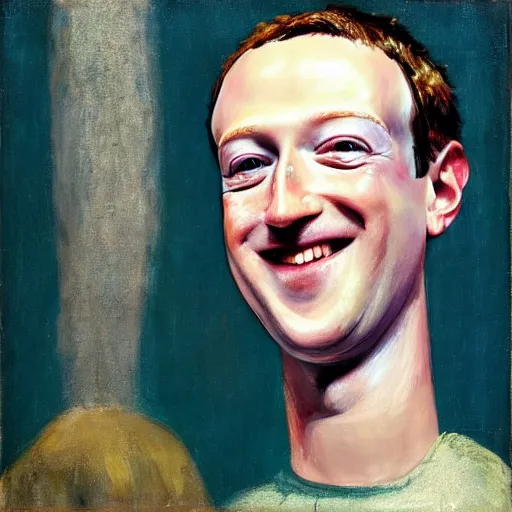 Image similar to “a deliriously happy king mark zuckerberg, portrait oil painting by Otto Dix, oil on canvas (1921)”