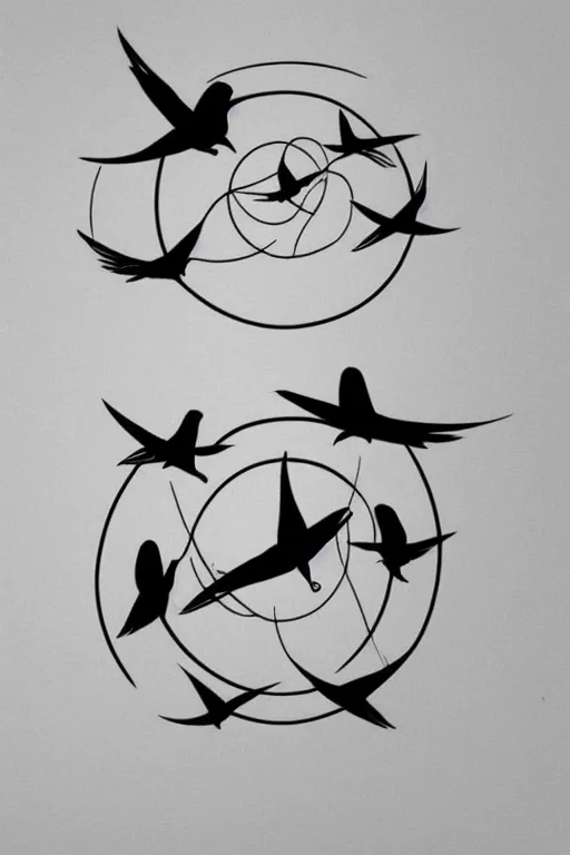 Image similar to a beautiful tattoo design of minimalist swallows flying into spherical lines and simple basic shapes, black ink, abstract logo, line art