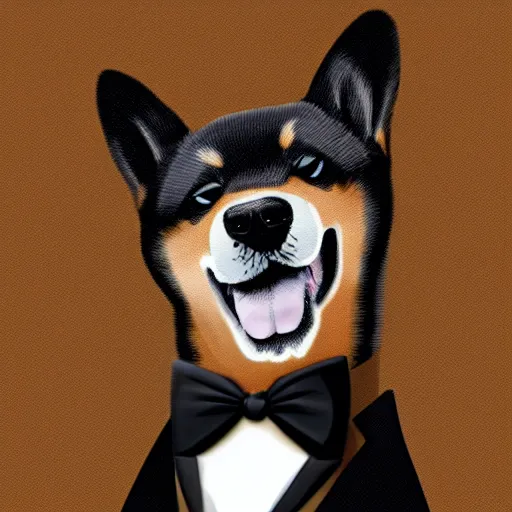 Prompt: Black and tan Shiba Inu in a tuxedo as a secret agent, 4k, digital art, high detail