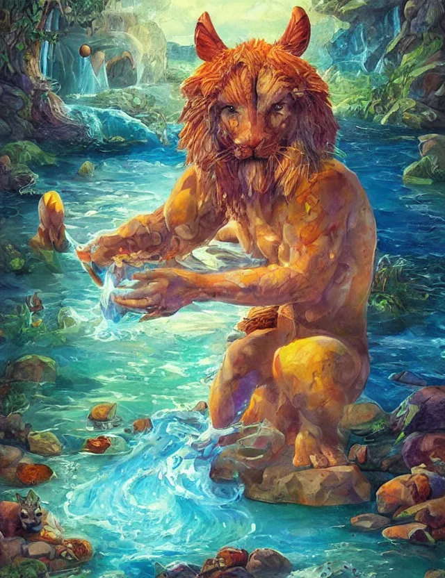 Prompt: animal god of water and gemstones. this oil painting by the beloved children's book illustrator has interesting color contrasts, plenty of details and impeccable lighting.