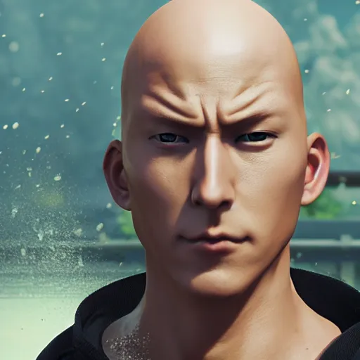 Image similar to a portrait of saitama as a genshin impact character, ingame shot from genshin impact, wet reflections, unreal engine 5, intricate details, fantasy, hyper realism, humongous view, rtx, smooth, cinematic