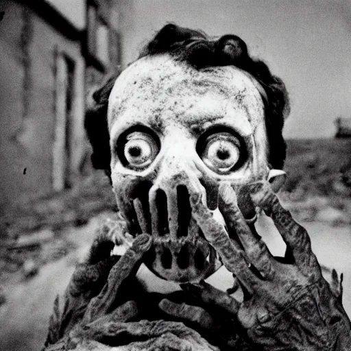 Prompt: real life irradiated undead acute radiation sickness flaking, melting, rotting skin 1950s nuclear wasteland black and white award winning photo highly detailed, highly in focus, highly life-like, facial closeup taken on Arriflex 35 II, by stanley kubrick