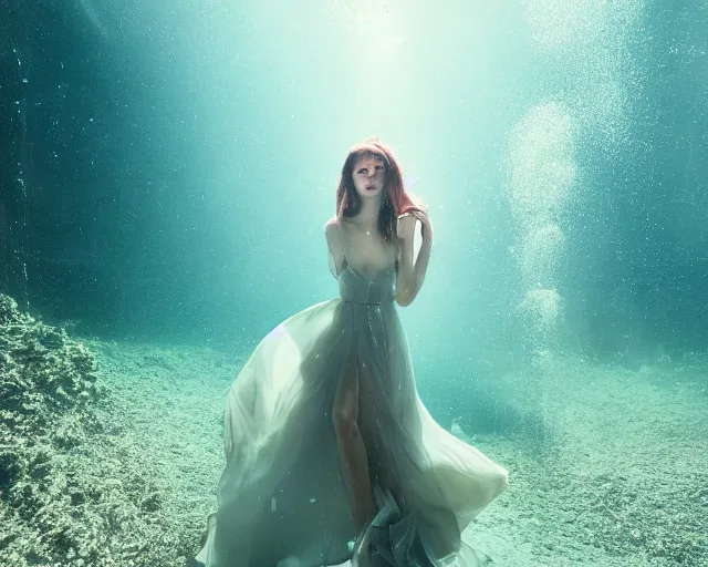 Image similar to beautiful female portrait, full body, diver in long flowy dress, underwater, cinematic volumetric lighting, soft bokeh, glow, 8 k, by wlop, by ross tran, fashion photography