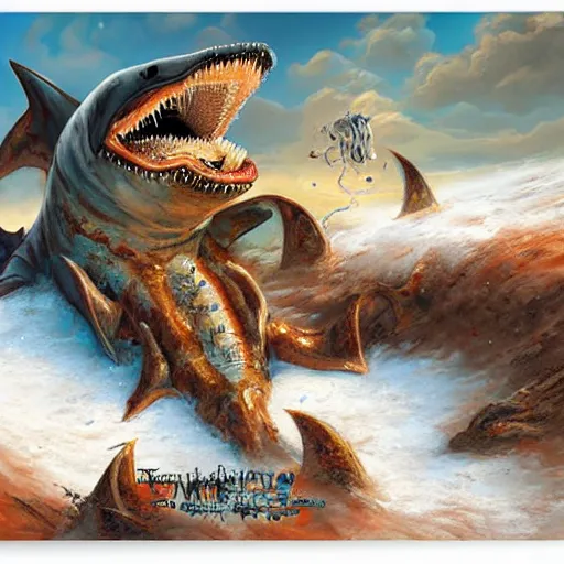 Image similar to a giant trypophobia shark worm attacks warriors in a snowy desert by the tony sart