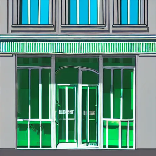 Prompt: geometric storefront light green, light blue, light yellow, light purple, digital art