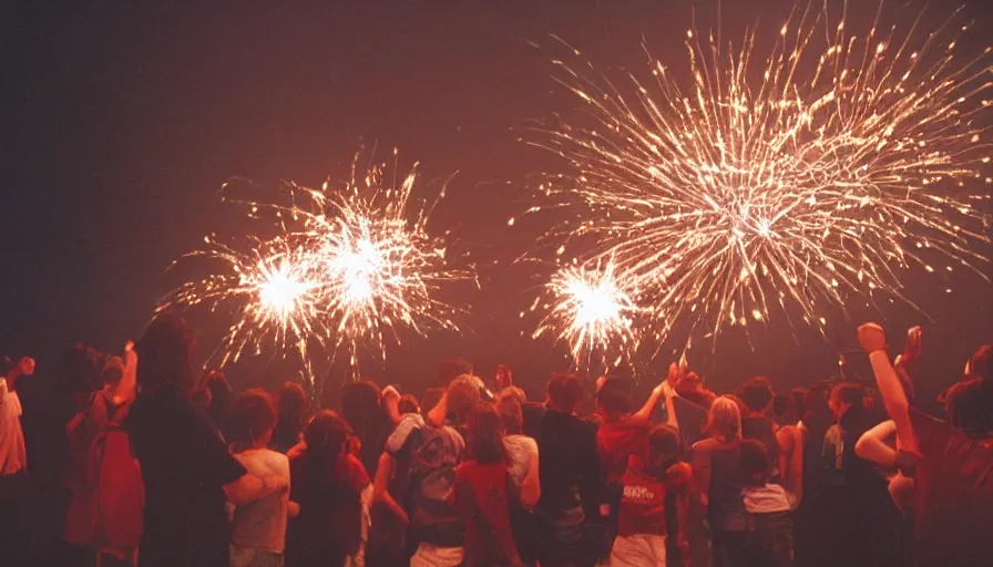 Prompt: 1990s candid 35mm photo of a beautiful day in the living room, cinematic lighting, cinematic look, golden hour, a miniature amusement park in the living room is setting off fireworks, kids dance and point at the fire works, small mascots run around the room, UHD