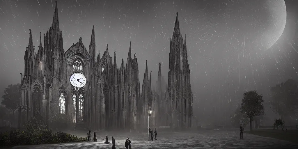 Prompt: a huge delicate metal Sundial in the moonlight, Behind the tall and delicate gothic church at night, with ghosts floating in the foreground, light through the mist, dramatic lighting, photorealistic, cinematic lighting, high detail, cinematic feel, high octane, 4K, Unreal Engine, digital render, intricate, ultra realistic