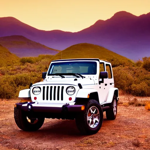 Prompt: Photo of a 1997 hardtop white Jeep Wrangler, offroad, in front of a beautiful sunset, 4k, neon sunset