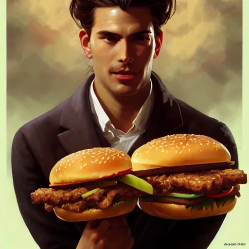 Image similar to portrait of lawrence olivier eating hamburgers, extra onions and ketchup, luscious patty with sesame seeds, feminine ethereal, handsome, d & d, fantasy, intricate, elegant, highly detailed, digital painting, artstation, concept art, matte, sharp focus, illustration, art by artgerm and greg rutkowski and alphonse mucha