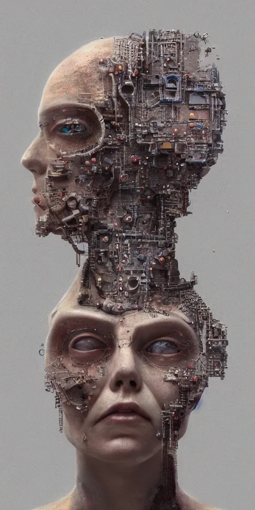 Image similar to a closeup of a businesswoman with computer motherboard parts built inside her head, Beksinski, Dariusz Zawadzki, very coherent symmetrical artwork. cinematic, hyper realism, high detail, octane render, 8k