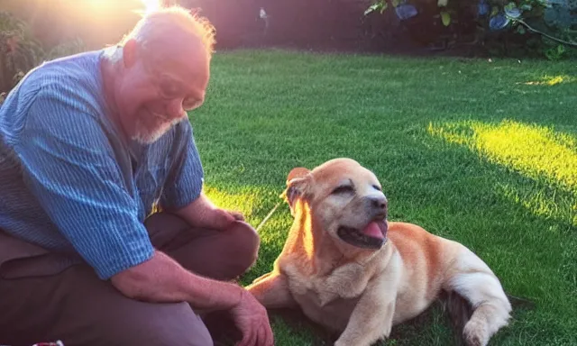 Image similar to My dad Steve just took a hit from the bongo and have good time being gracefully relaxed in the garden, sunset lighting. My second name is Carell. My dad second name is Carell. Im the dog