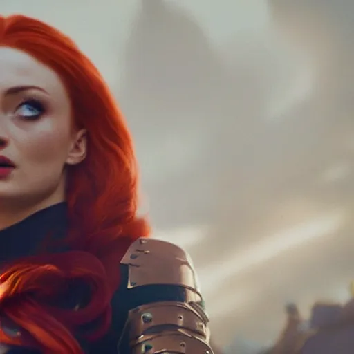 Prompt: an action shot of Sophie turner as Miss Fortune in League of Legends, 4K, cinema, imax, hyperreal