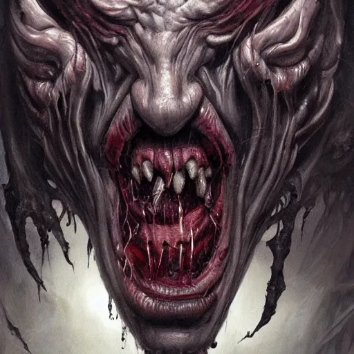 Image similar to Dark Fantasy Painting of a hulking muscular demonic flesh creature with drool dripping from its mouth, creepy, unsettling, horror, upper body, intricate, wild, highly detailed, digital painting, artstation, concept art, smooth, sharp focus, illustration, art by artgerm and greg rutkowski and alphonse mucha